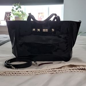 • Valentino Garavani • Black Patent Leather Satchel Tote Handbag Rockstud Gold